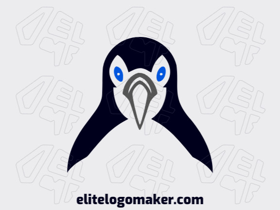 Crie seu próprio logotipo com a forma de um pinguim com estilo simétrico e com as cores azul, cinza, e preto.