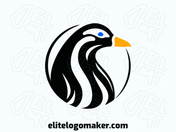 Logotipo abstrato com design refinado, formando um pinguim com as cores azul, preto, e amarelo.