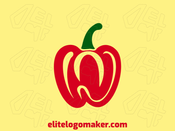 Logotipo minimalista com formas sólidas formando uma pimenta com design refinado e com as cores vermelho e verde escuro.