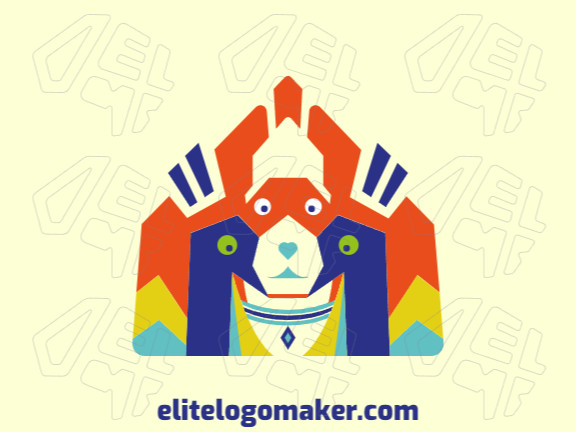 Stylized logo design with a refined design forming a dog combined with two peacocks with orange, yellow, and blue colors.