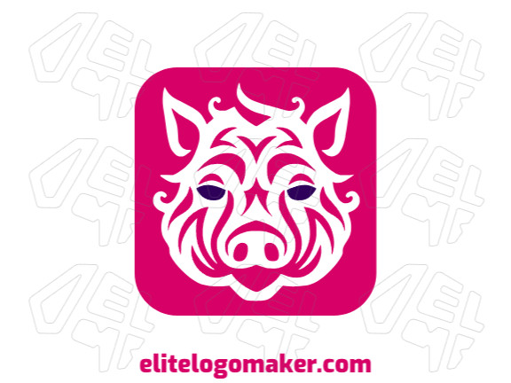 Logotipo ornamental com formas sólidas formando um porco com design refinado e com as cores rosa e azul escuro.