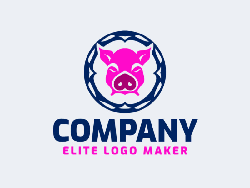 Presentamos un logo circular en forma de cerdo, adornado con tonos vibrantes de azul y rosa. Este diseño lúdico seguramente dejará una impresión duradera.