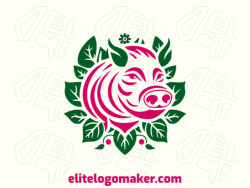 Abstract logo with solid shapes forming a pig combined with leaves with a refined design with pink and dark green colors.