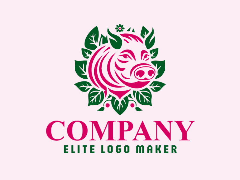 Logotipo abstrato com formas sólidas formando um porco combinado com folhas com design refinado e com as cores rosa e verde escuro.