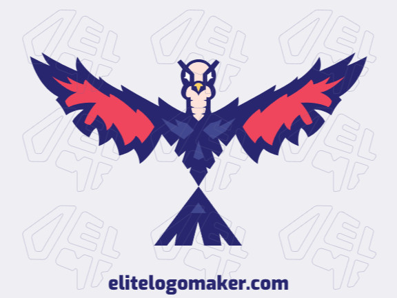 Logotipo simples composto por formas abstratas, formando um pombo com as cores azul, vermelho, e bege.