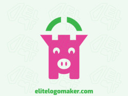 Animal company logo with the shape of a pig combined with a castle with pink and green colors.