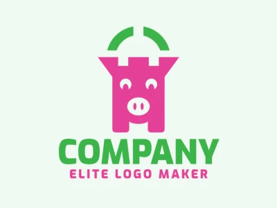 Animal company logo with the shape of a pig combined with a castle with pink and green colors.