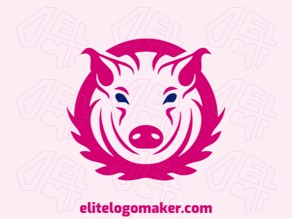 Logotipo minimalista com formas sólidas formando uma cabeça de porco com design refinado e com as cores rosa e azul escuro.