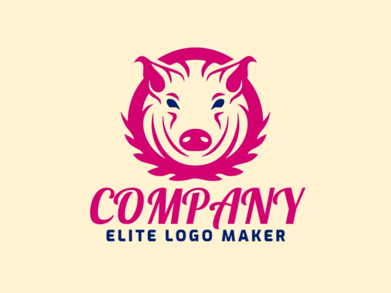 Logotipo minimalista com formas sólidas formando uma cabeça de porco com design refinado e com as cores rosa e azul escuro.