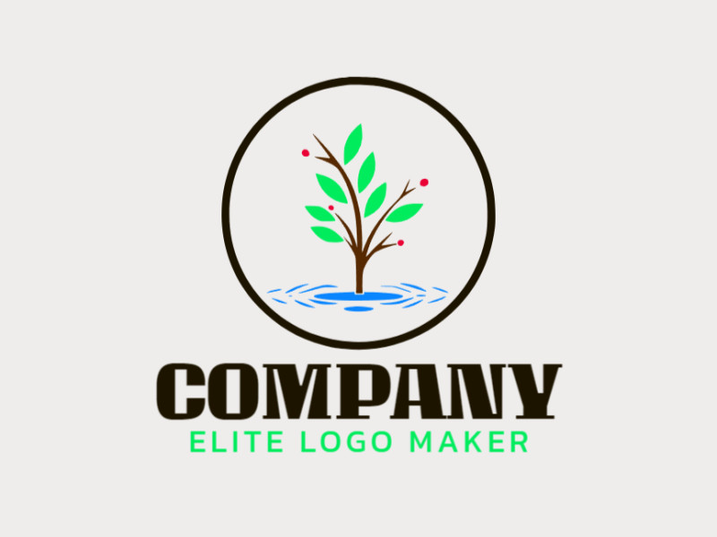 Logotipo criativo criado com formas abstratas formando uma planta com as cores verde, azul, e marrom.