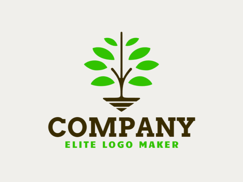 Logo available for sale in the shape of a plant combined with an arrow with a minimalist design with green and dark brown colors.