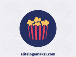 The logo is available for sale in the shape of a popcorn bucket with a minimalist design with red, yellow, and dark blue colors.