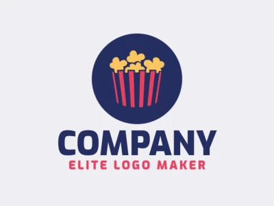 The logo is available for sale in the shape of a popcorn bucket with a minimalist design with red, yellow, and dark blue colors.