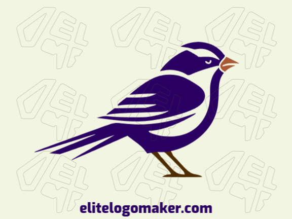 Logotipo disponível para venda com a forma de um pássaro roxo com estilo abstrato e com as cores marrom, roxo, e amarelo escuro.