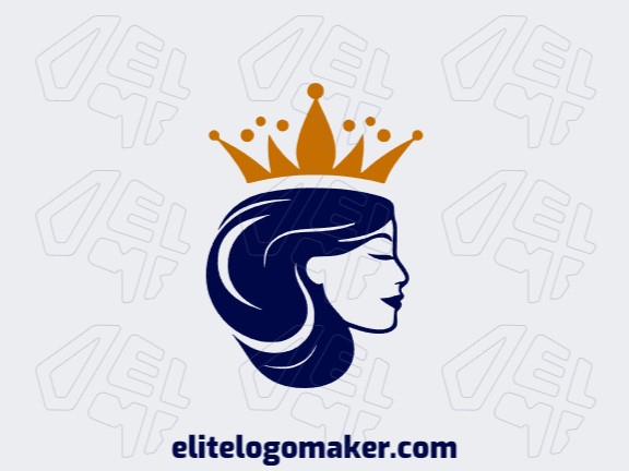 Logotipo minimalista com design refinado, formando uma rainha com as cores azul escuro e amarelo escuro.