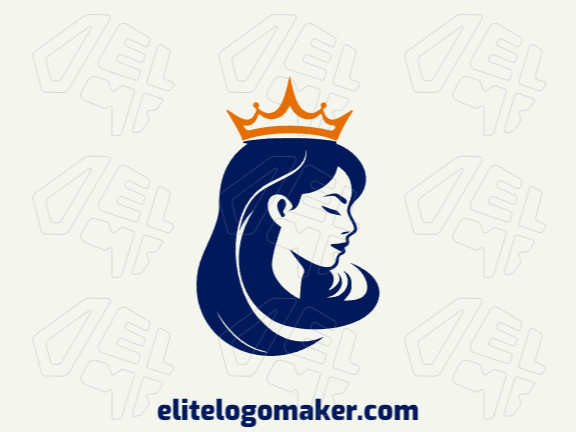 Logotipo criativo com a forma de uma rainha com design simples e com as cores laranja e azul escuro.