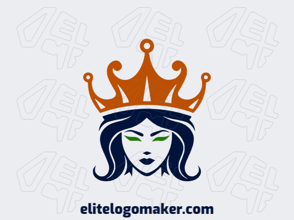 Crie um logotipo para sua empresa com a forma de uma rainha com uma coroa com estilo simétrico e com as cores azul escuro, laranja escuro, e verde escuro.