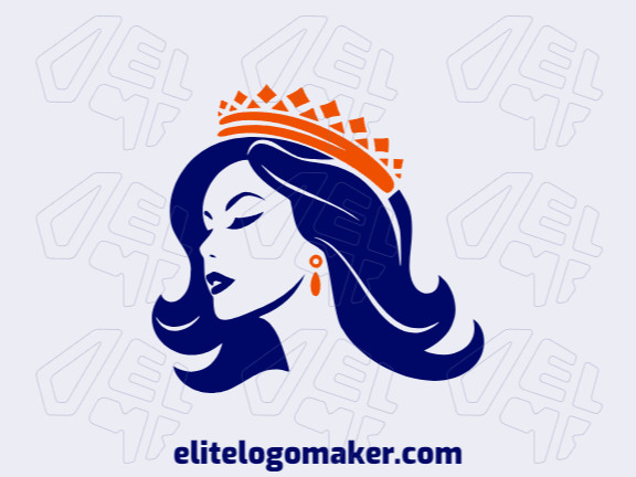 Design de logotipo minimalista com formas solidas formando uma rainha com coroa, com um design criativo e com as cores laranja e azul escuro.