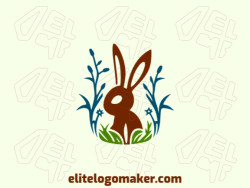 Logo available for sale in the shape of a rabbit combined with leaves with abstract design with green and brown colors.