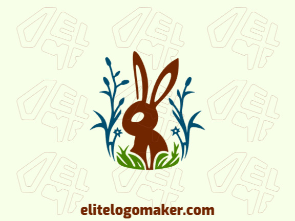 Logotipo disponível para venda com a forma de um coelho combinado com folhas com design abstrato e com as cores verde e marrom.