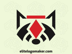 Animal logo design in the shape of a raccoon combined with a suit of diamonds with black and red colors.