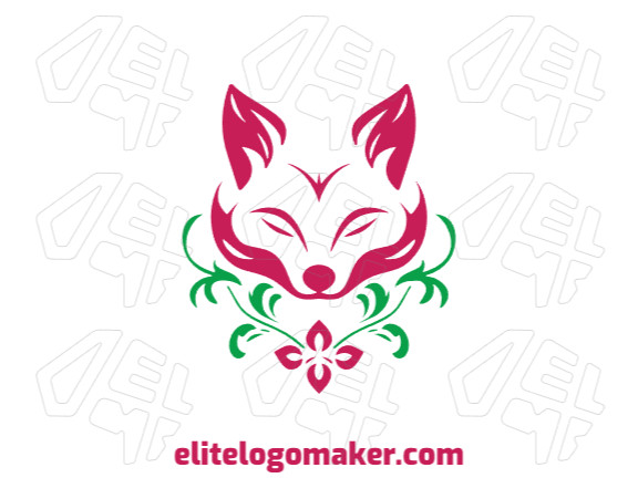 Logotipo vetorial com a forma de uma raposa vermelha combinado com uma flor, com estilo abstrato e com as cores verde e vermelho.