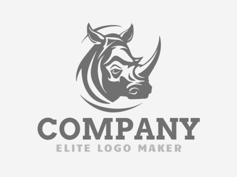 O logo em forma de rinoceronte apresenta um design minimalista em tons de cinza frios, representando força e resiliência.
