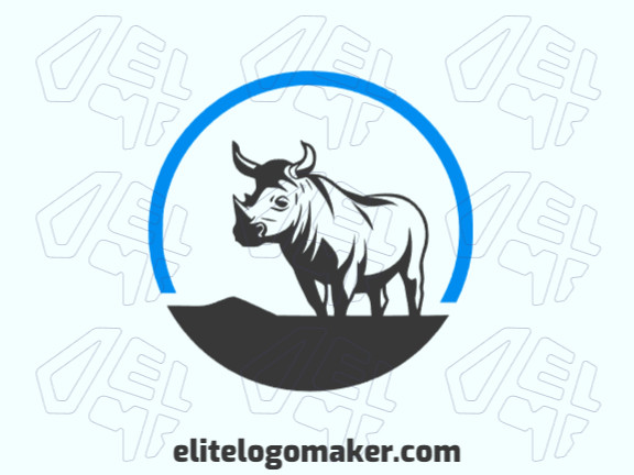 Crie seu próprio logotipo com a forma de um rinoceronte com estilo criativo e com as cores azul e cinza.