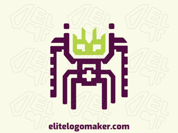 Logotipo abstrato com design refinado, formando um robô, com as cores verde e roxo.