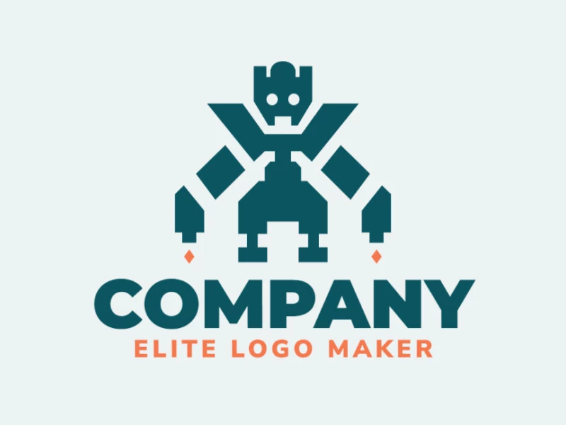 Mascot logo with the shape of a robot with blue and orange colors.