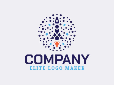 Abstract logo with solid shapes forming a rocket with a refined design with blue and orange colors.