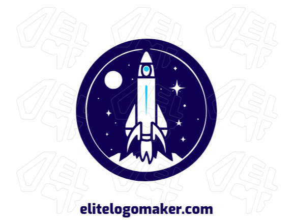 Crie seu próprio logotipo com a forma de um foguete em lançamento com estilo circular e com a cor azul escuro.