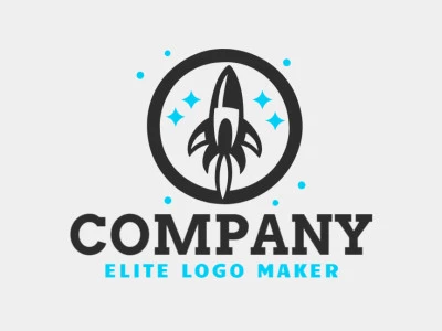 Un logotipo profesional en forma de cohete combinado con estrellas con un estilo minimalista, en colores azul y negro.