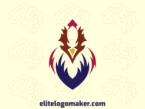 Mascot logo design in the shape of a rooster composed of abstracts shapes with yellow, red, and blue colors.
