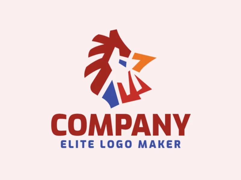 Abstract company logo in the shape of a rooster composed of abstracts shapes with red, blue, and yellow colors.