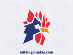 Logo consisting of abstract shapes forming a rooster with simple style, the colors used are yellow, red, and blue.