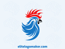 A sophisticated logo in the shape of a rooster head with a sleek simple style, featuring a captivating blue, red, and black color palette.