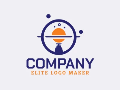 Logotipo disponible para venta en forma de un satélite con estilo minimalista y colores naranja y azul oscuro.