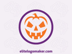 Logo available for sale in the shape of a scary pumpkin with a minimalist design with orange and purple colors.