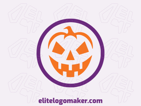 Logotipo disponível para venda com a forma de uma abóbora assustadora com design minimalista e com as cores laranja e roxo.