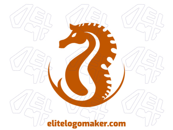 Ideia de logotipo simples com abordagens criativas formando um cavalo marinho com a cor laranja escuro.