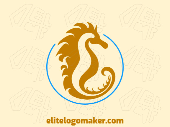 Logotipo vetorial com a forma de um cavalo marinho com estilo mascote e com as cores azul e amarelo escuro.