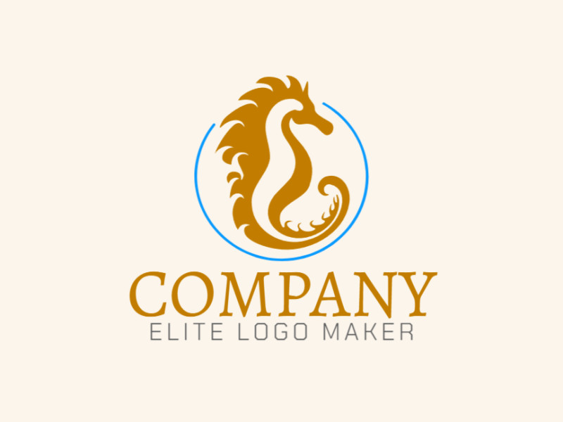 Vector logo in the shape of a seahorse with mascot style with blue and dark yellow colors.