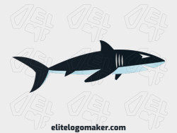 Illustrative logo in the shape of a shark composed of abstracts shapes with blue and white colors.