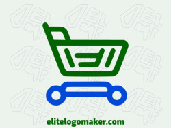 Minimalist logo with solid shapes forming a shopping cart with a refined design with green and blue colors.