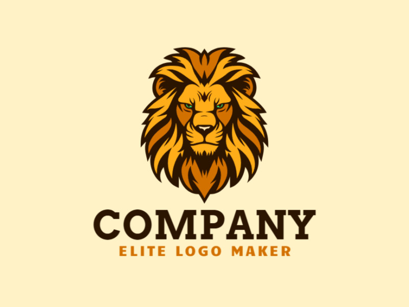 Um logotipo de mascote com um leão sinistro, combinando elementos ferozes e ousados em tons de marrom, laranja e amarelo para um design marcante e memorável.