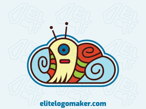 Illustrative logo in the shape of a cloud combined with a snail with blue, brown, green, yellow and orange colors.