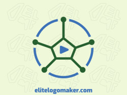 Circular logo with a shape of a soccer ball combined with a play icon with blue and green colors.