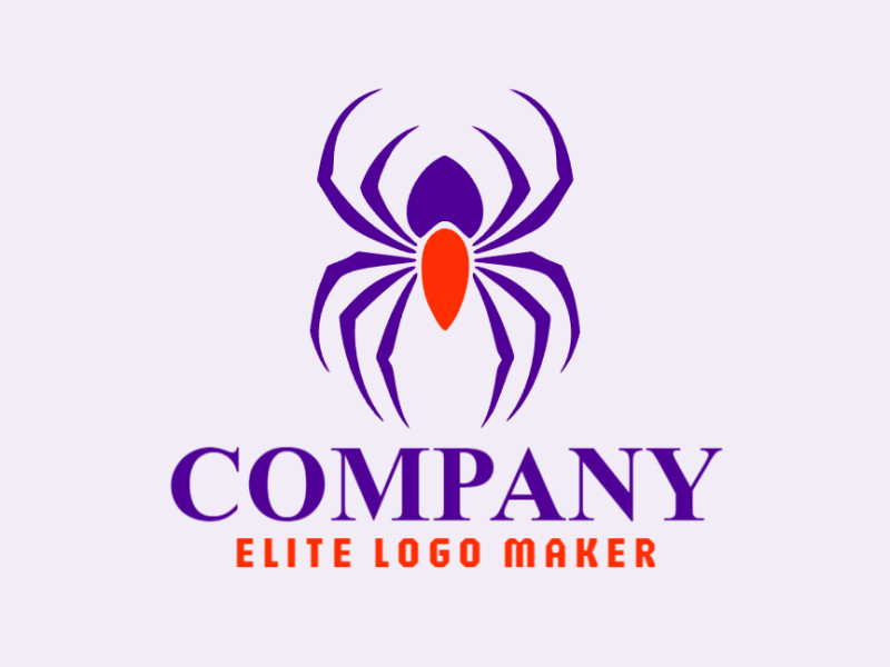Logotipo vetorial com a forma de uma aranha com estilo minimalista e com as cores laranja e roxo.