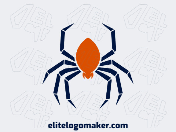 Logotipo simétrico com formas sólidas formando uma aranha com design refinado e com as cores azul escuro e laranja escuro.